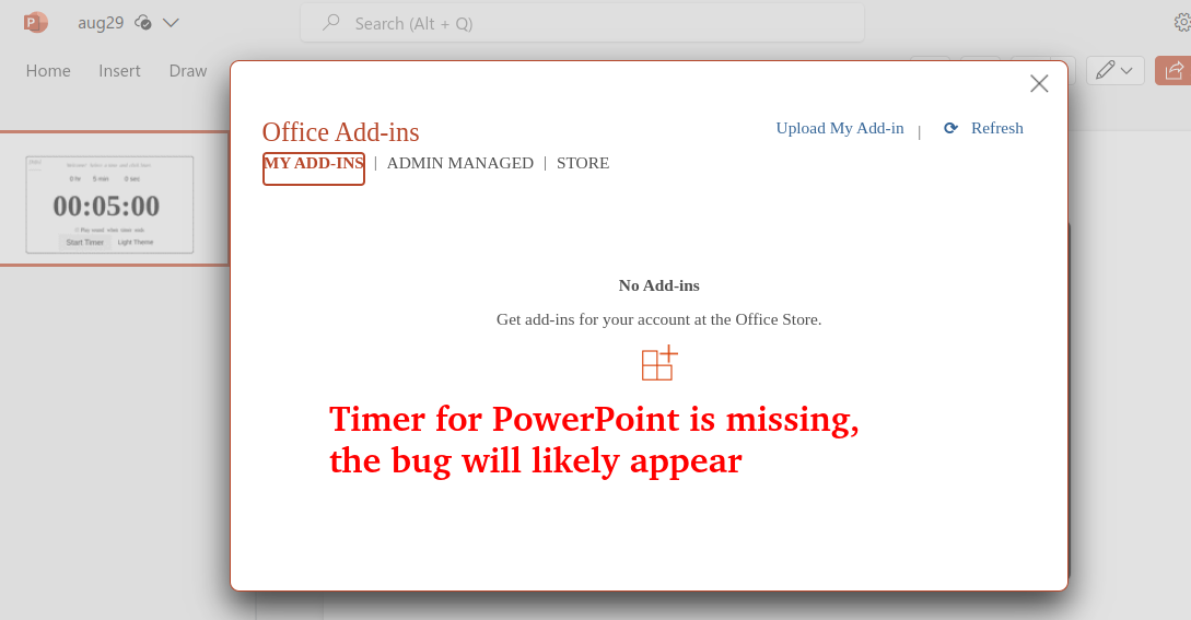 Add-in missing from account's add-in list