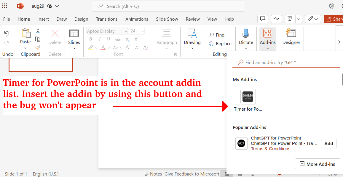 Add-in functioning correctly in presentation mode